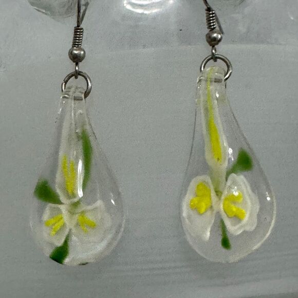 Murano Glass Painted Yellow Flower Earrings - Picture 2 of 2